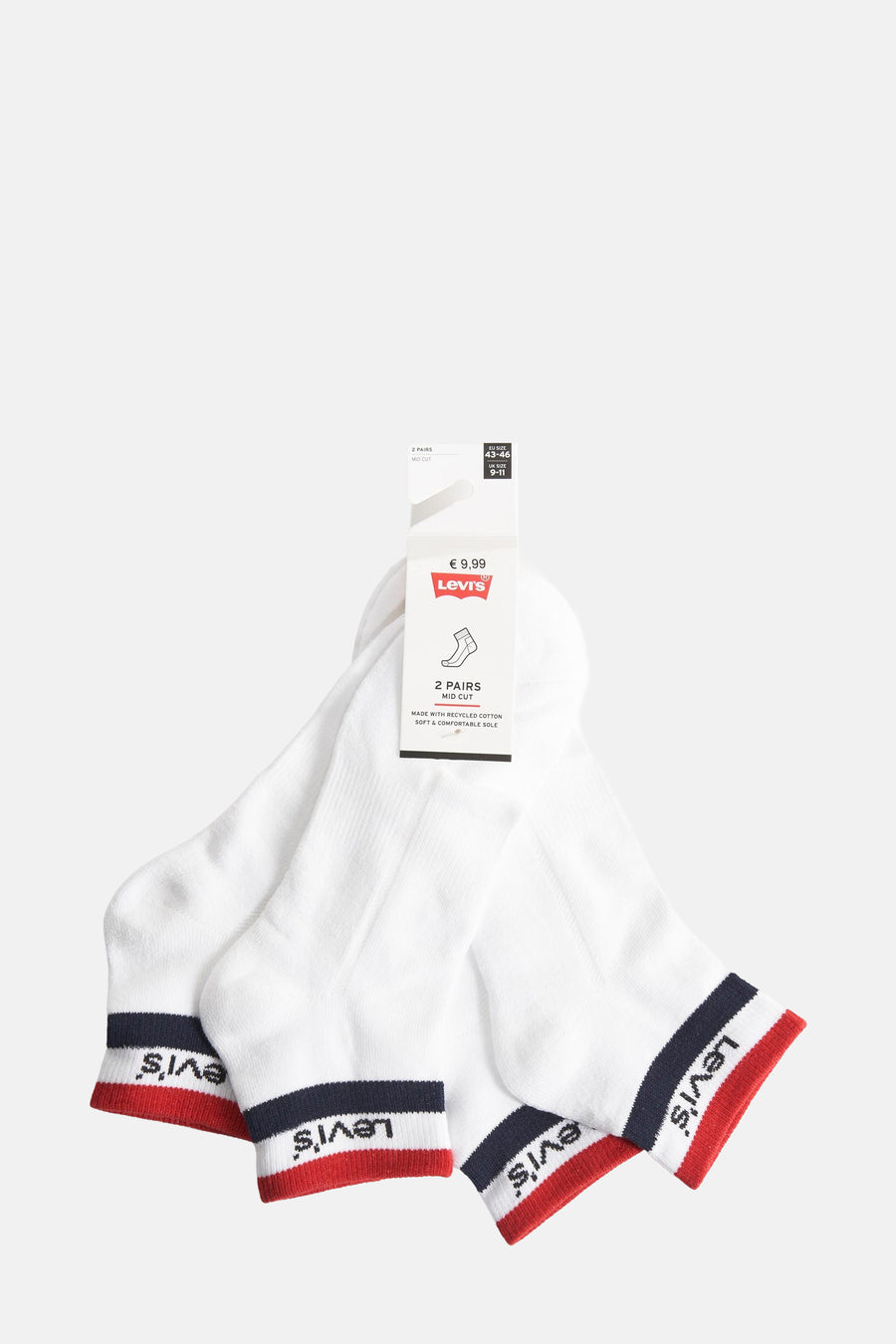 Twee paar witte sokken van Levi's met rood, wit en marineblauw gestreepte randen.