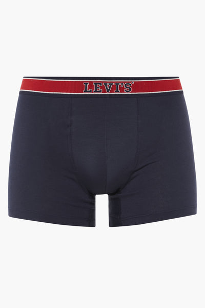 Boxer bleu marine de Levi's, avec ceinture élastique rouge et logo de la marque.