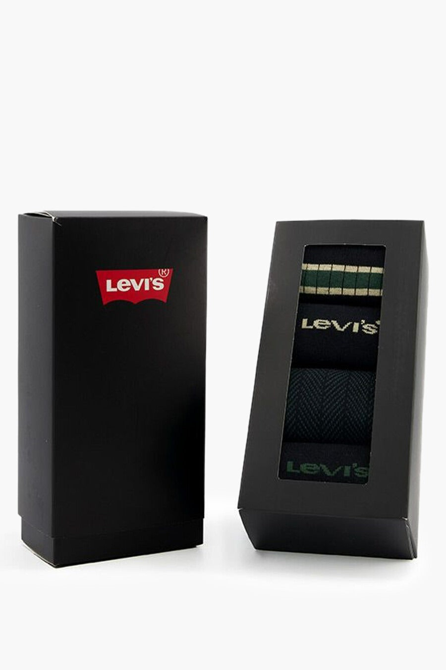 Coffret de chaussettes noires by Levi's, comprenant trois paires avec motifs différents.