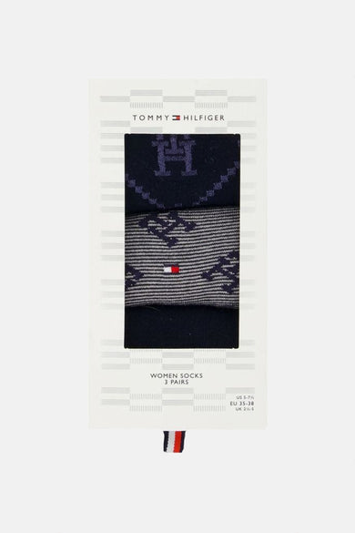 Ensemble de trois paires de chaussettes pour femmes bleu marine de Tommy Jeans, avec motifs jacquard.
