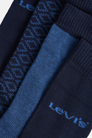 Blauwe sokken van Levi's, met contrasterende geometrische en effen patronen.