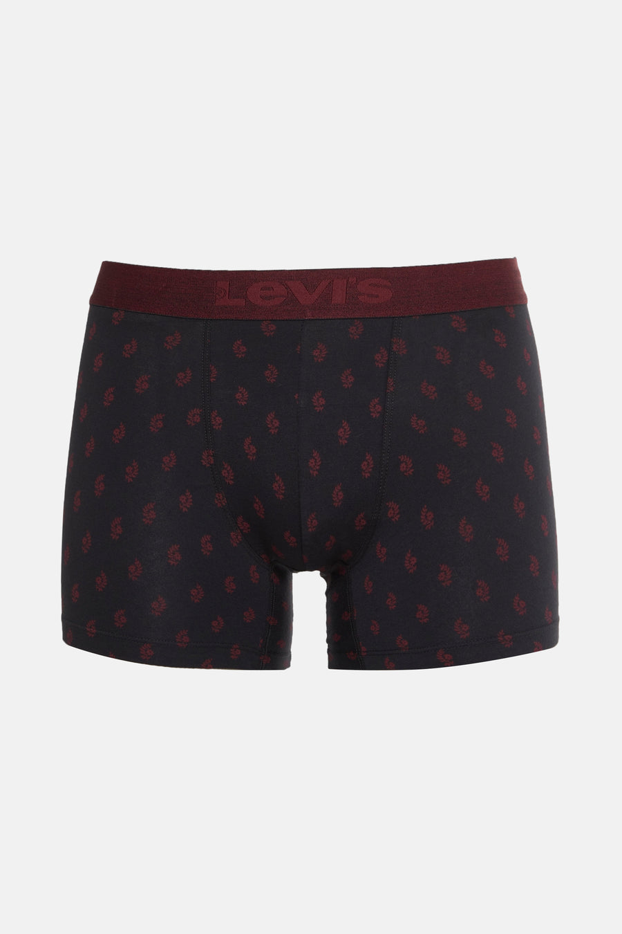 Boxer noir de Levi's avec une ceinture bordeaux et un motif floral rouge foncé.

