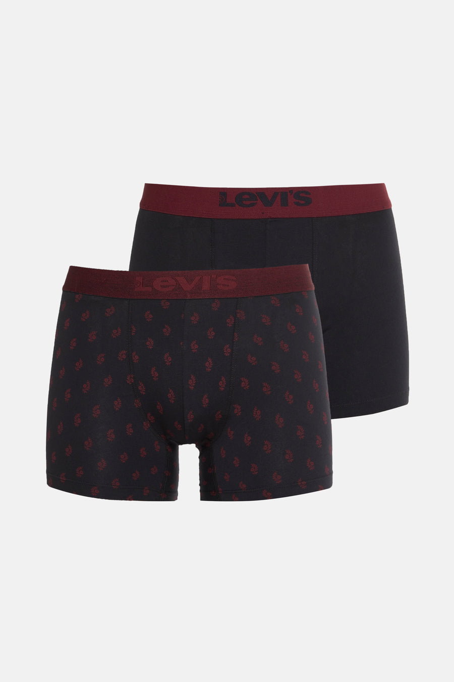 Boxers noirs de Levi's, un uni et l'autre à motifs floraux bordeaux sur fond noir.