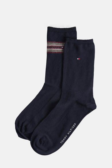 Blauwe sokken van TOMMY JEANS, één paar met meerkleurige strepen, het andere met vlaglogo.