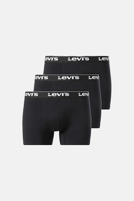 Lot de trois boxers noirs de Levi's, avec une ceinture élastique portant le logo de la marque en blanc.