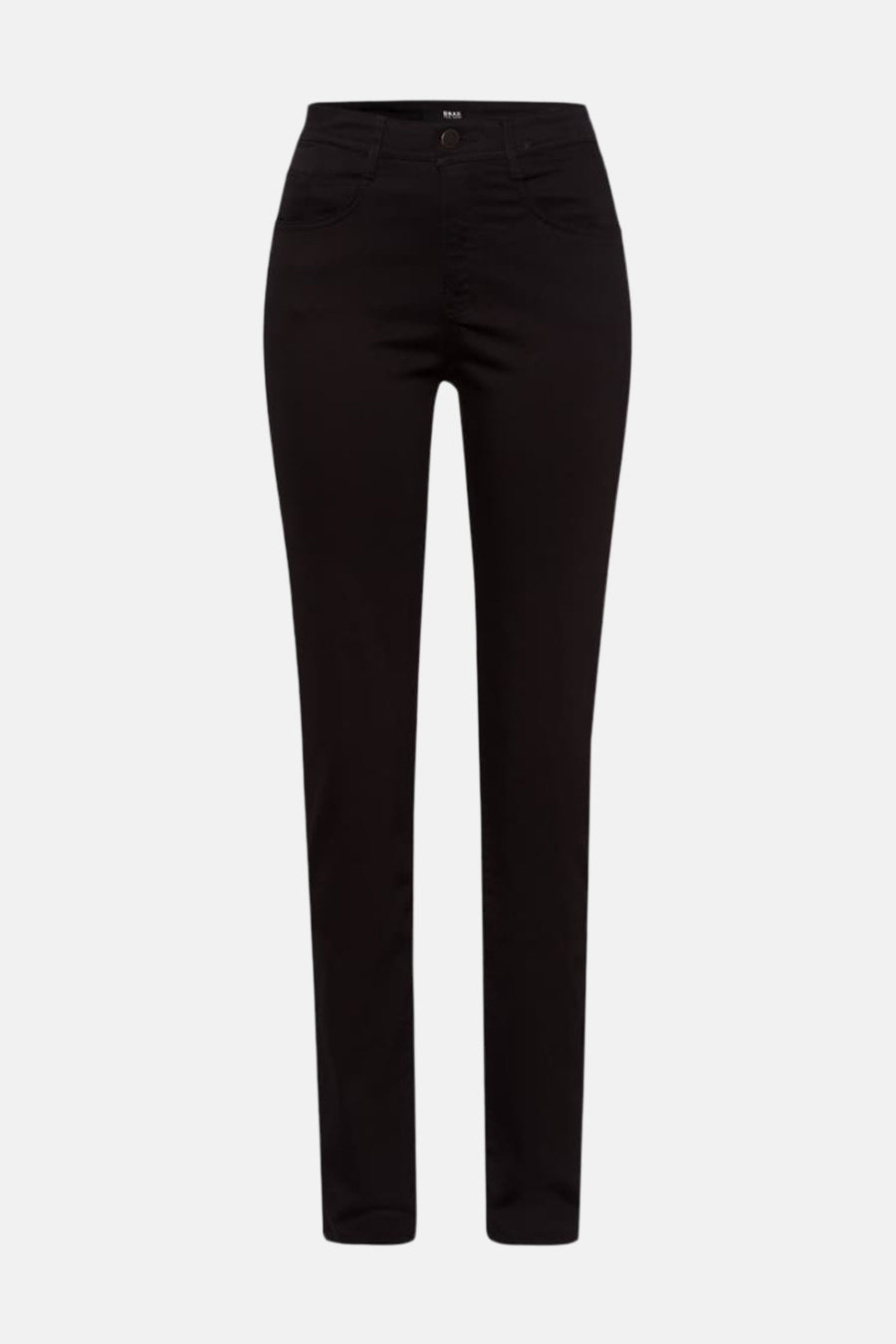 Zwarte rechte jeans van Brax, klassieke pasvorm op een witte achtergrond.