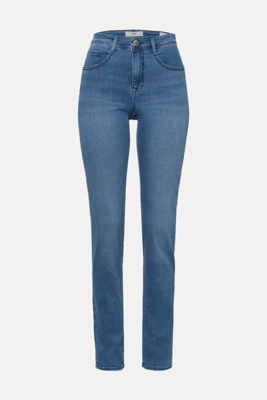 Rechte middellange blauwe jeans van BRAX, klassieke pasvorm met afgeronde voorzakken.