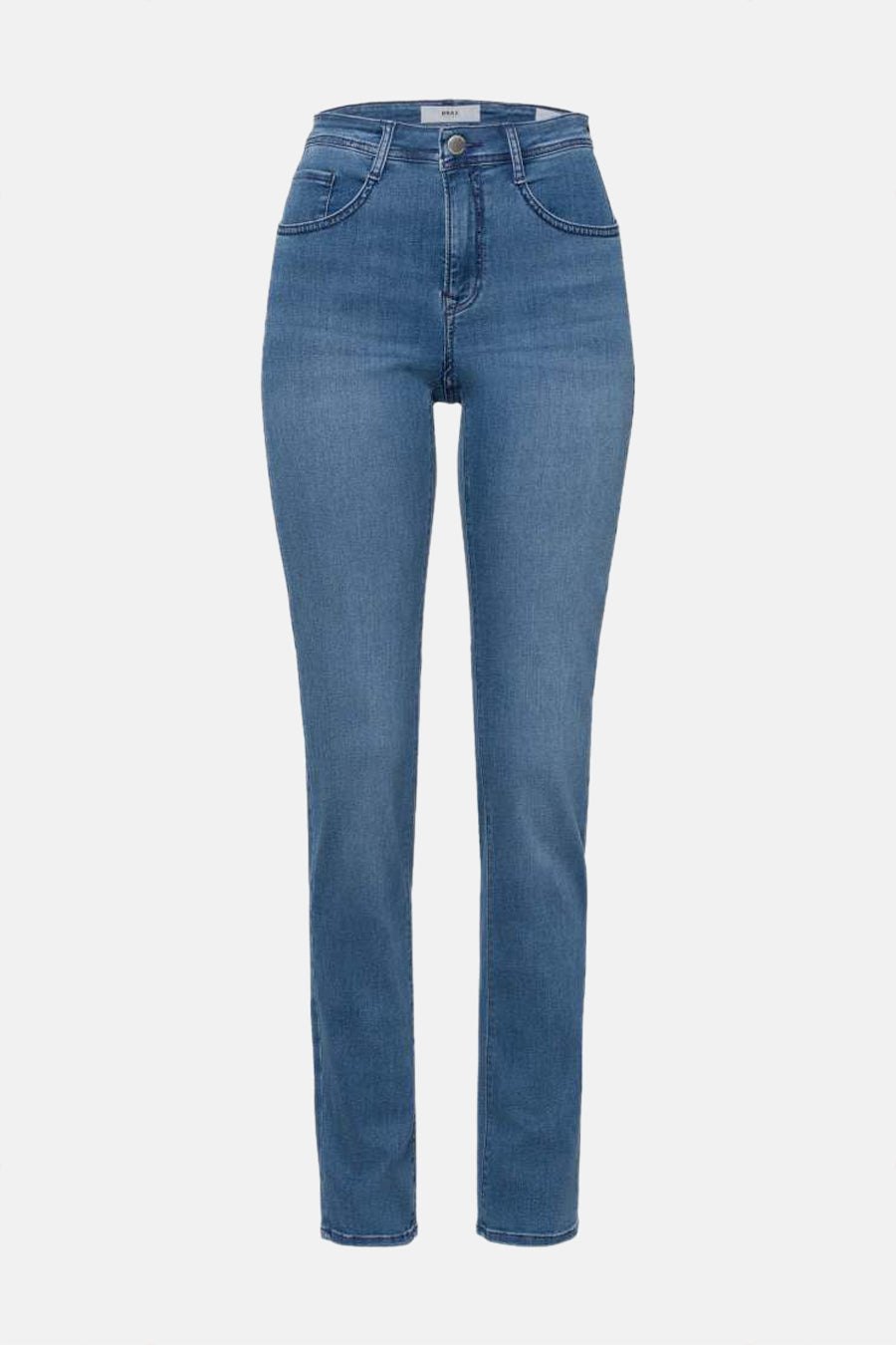 Rechte middellange blauwe jeans van BRAX, klassieke pasvorm met afgeronde voorzakken.