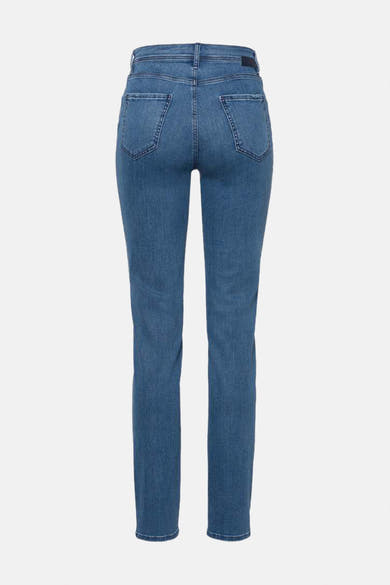 BRAX middellange blauwe rechte jeans, met achterzakken en een nauwsluitende pasvorm.