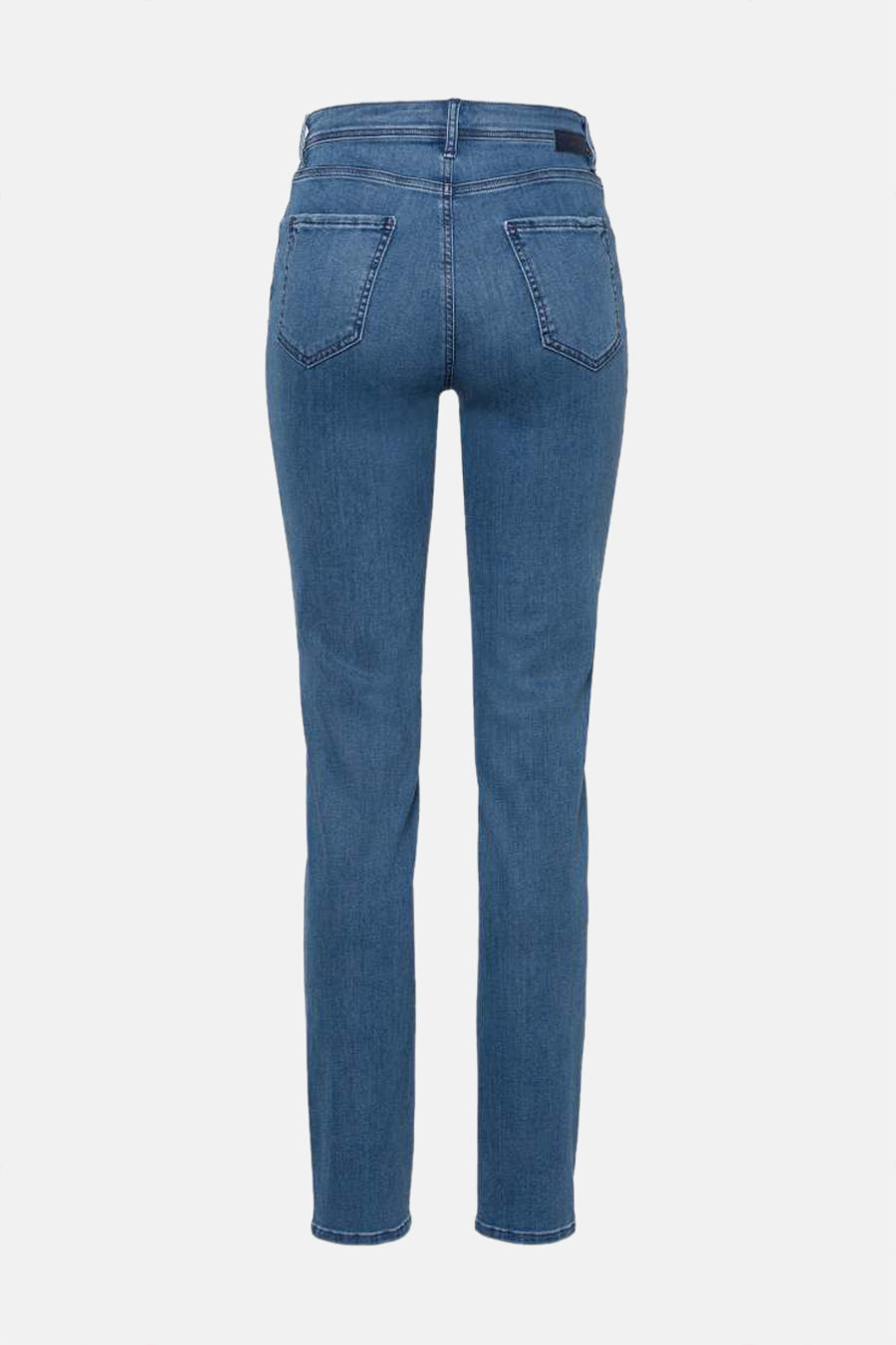 BRAX middellange blauwe rechte jeans, met achterzakken en een nauwsluitende pasvorm.