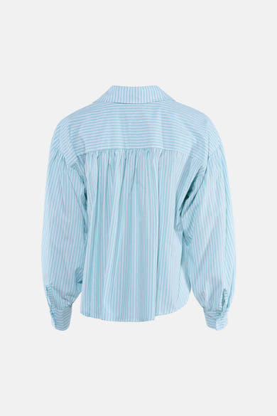 Groen overhemd met lange mouwen van Terra di Siena, blauw-witte strepen, achterkant, pofmouwen.