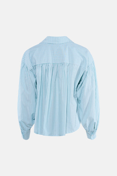 Groen overhemd met lange mouwen van Terra di Siena, blauw-witte strepen, achterkant, pofmouwen.