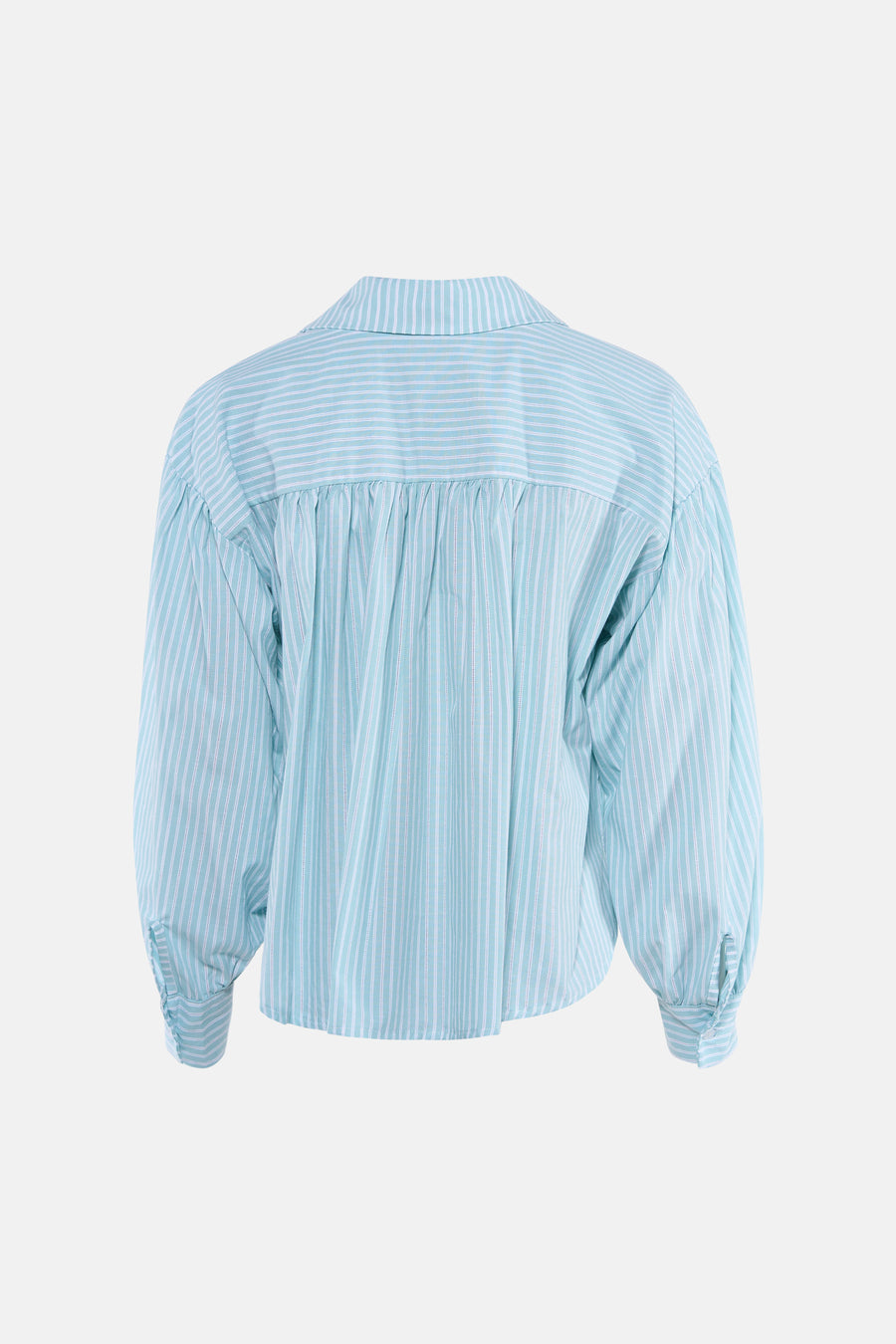 Groen overhemd met lange mouwen van Terra di Siena, blauw-witte strepen, achterkant, pofmouwen.
