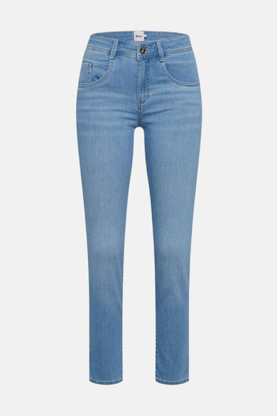 Slim jeans van lichtblauw denim van BRAX, achterzijde.