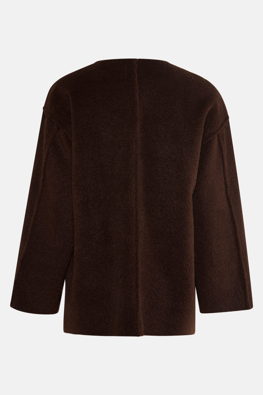 Veste courte marron de Terra di Siena avec une texture douce et des manches trois-quarts, vue de dos.
