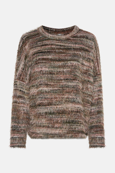 Multikleuren rondehals trui van Terra di Siena met een pluizige textuur en een horizontaal strepenpatroon.