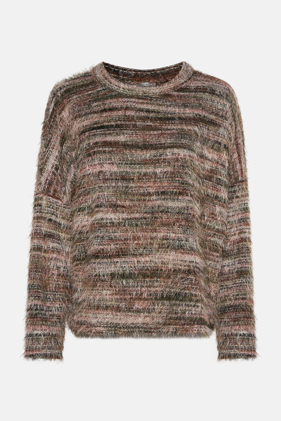 Pull à col rond multicolore de Terra di Siena avec texture duveteuse et motif à rayures horizontales.
