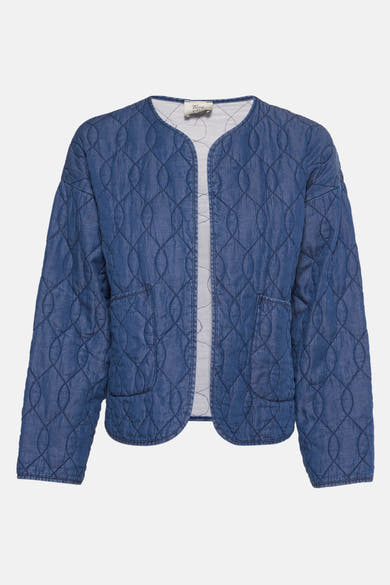Veste en jean bleu moyen de Terra di Siena, matelassée avec motif losanges et poches plaquées.
