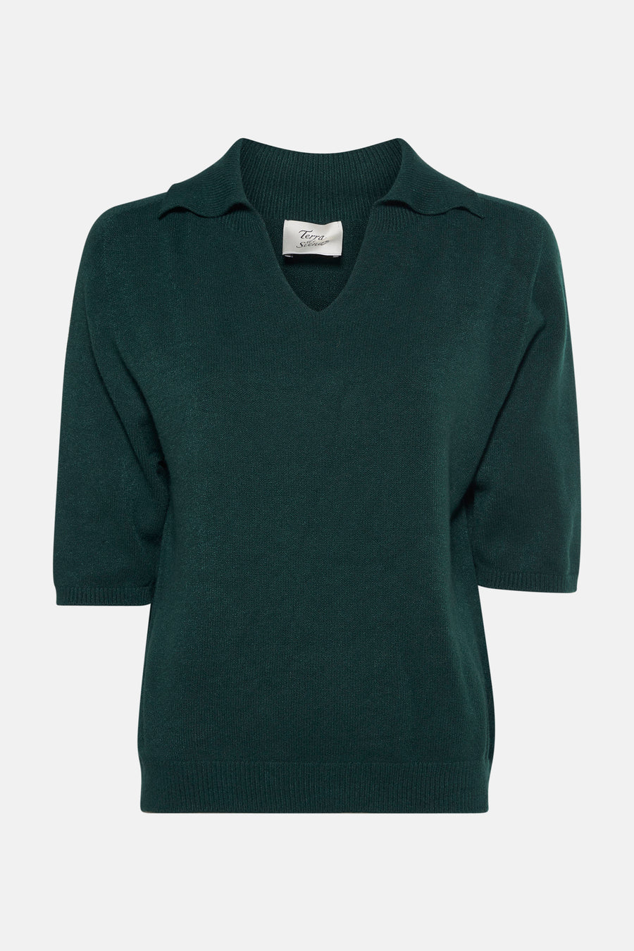 Pull vert de Terra di Siena, avec un col tailleur et des manches courtes.