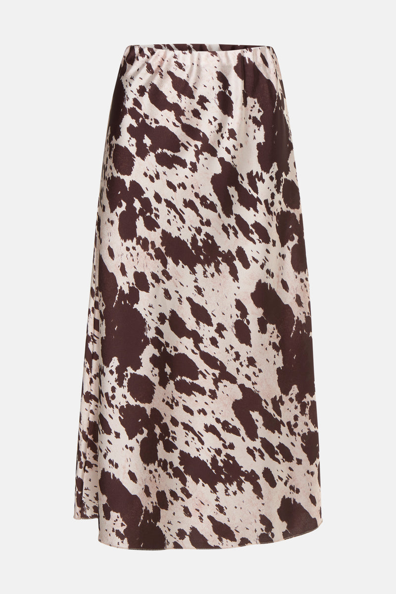Jupe longue beige de Terra di Siena, avec un motif tacheté brun foncé, coupe évasée.