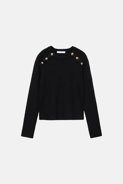 Pull à col rond noir de MANGO, avec boutons décoratifs dorés sur les épaules.