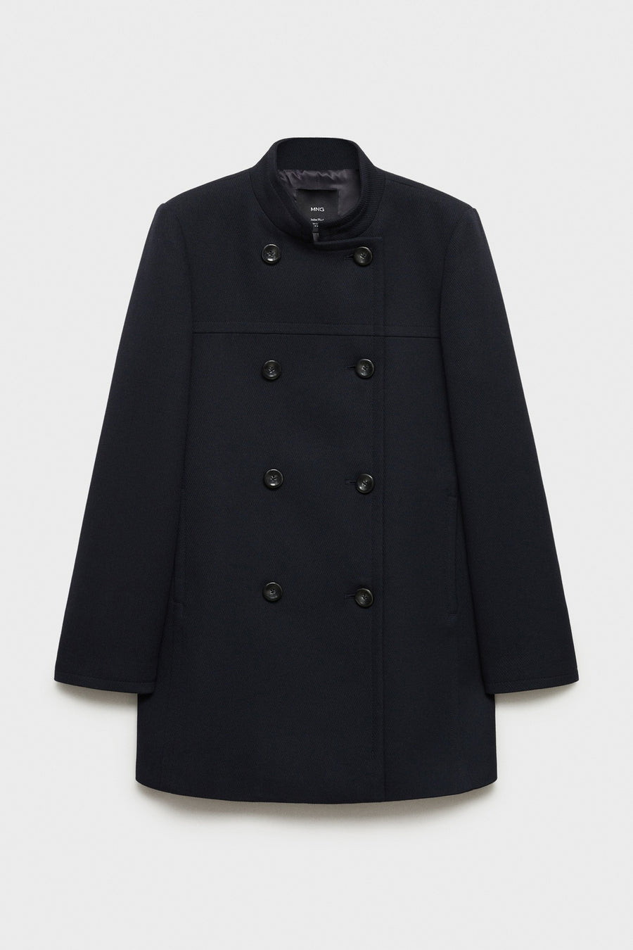 Veste longue bleue par MANGO, à double boutonnage avec six boutons, et un col montant.