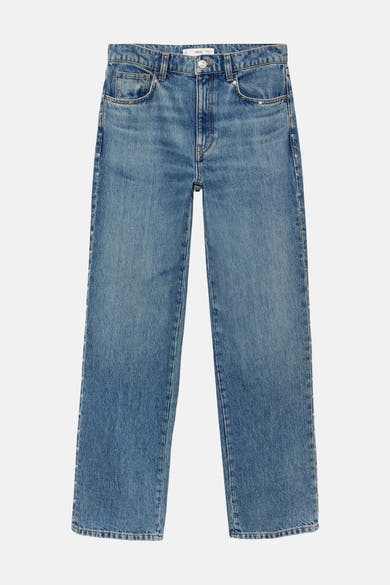Rechte spijkerbroek van middinblauw denim van MANGO, versierd met metalen klinknagels aan de zijkanten.