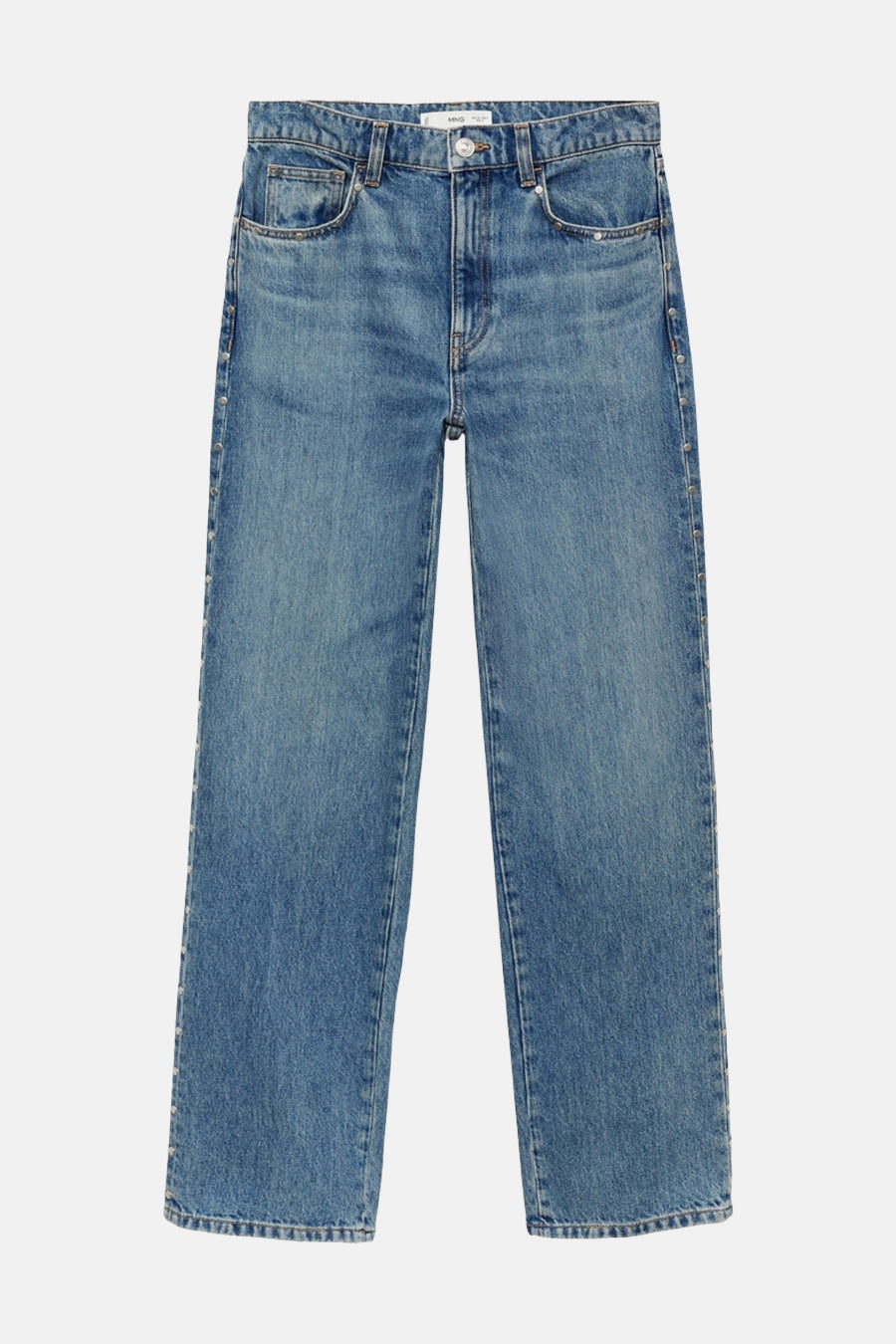 Rechte spijkerbroek van middinblauw denim van MANGO, versierd met metalen klinknagels aan de zijkanten.