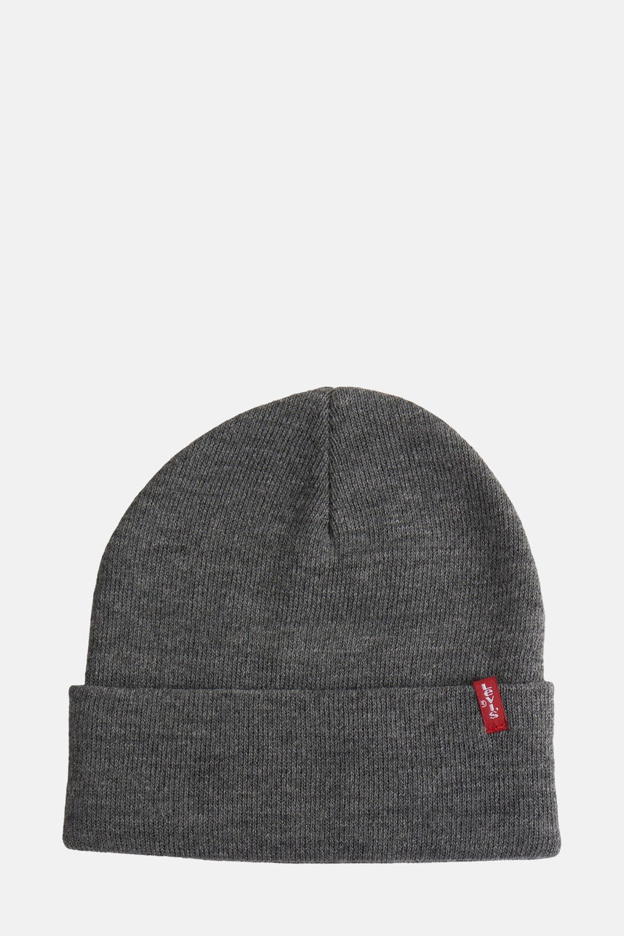 Grijze gebreide muts van Levi's® Accessories, met een rood logo op de onderrand genaaid.