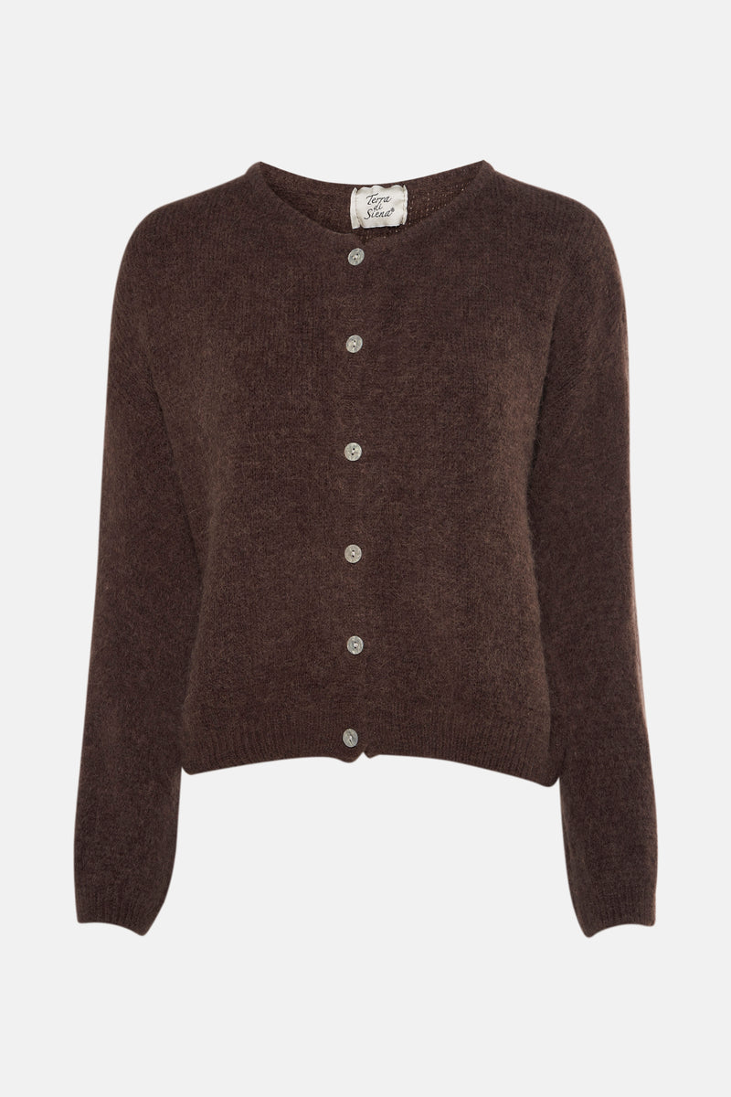 Cardigan marron en maille par Terra di Siena, avec fermeture boutonnée et texture douce.
