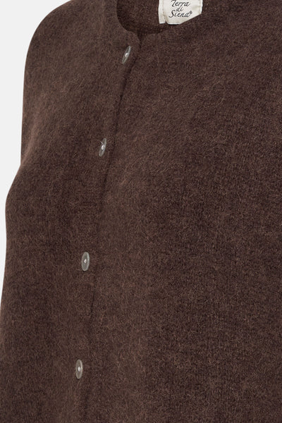 Cardigan brun en laine de Terra di Siena, avec boutons transparents, texture feutrée et coupe classique.