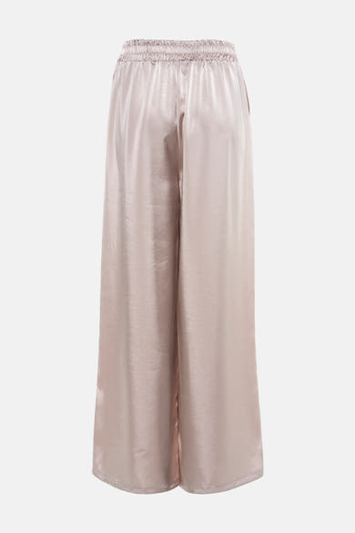 Pantalon beige de Terra di Siena en tissu satiné avec taille élastique, vue arrière.