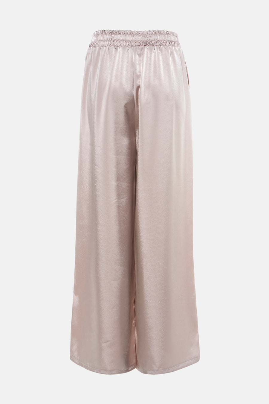 Pantalon beige de Terra di Siena en tissu satiné avec taille élastique, vue arrière.