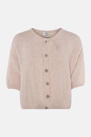 Beige knitted gilet by Terra di Siena with round neckline, short sleeves, and embellished buttons, front view