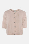 Beige knitted gilet by Terra di Siena with round neckline, short sleeves, and embellished buttons, front view