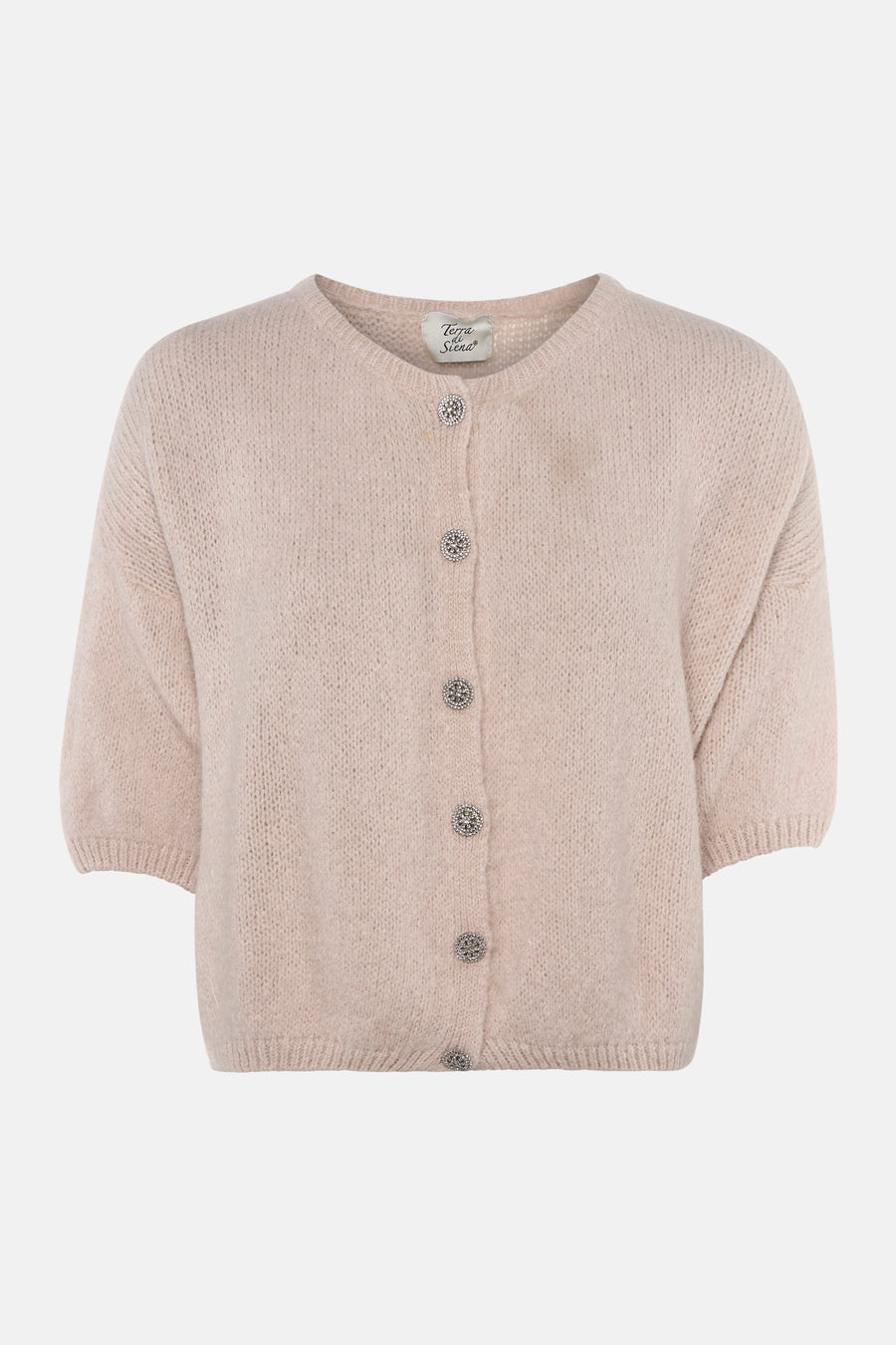 Beige knitted gilet by Terra di Siena with round neckline, short sleeves, and embellished buttons, front view