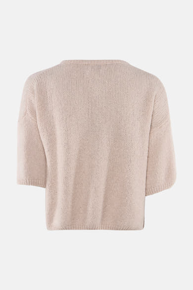 Beige knitted gilet with ribbed hem and three-quarter sleeves, back view, textured knit fabric