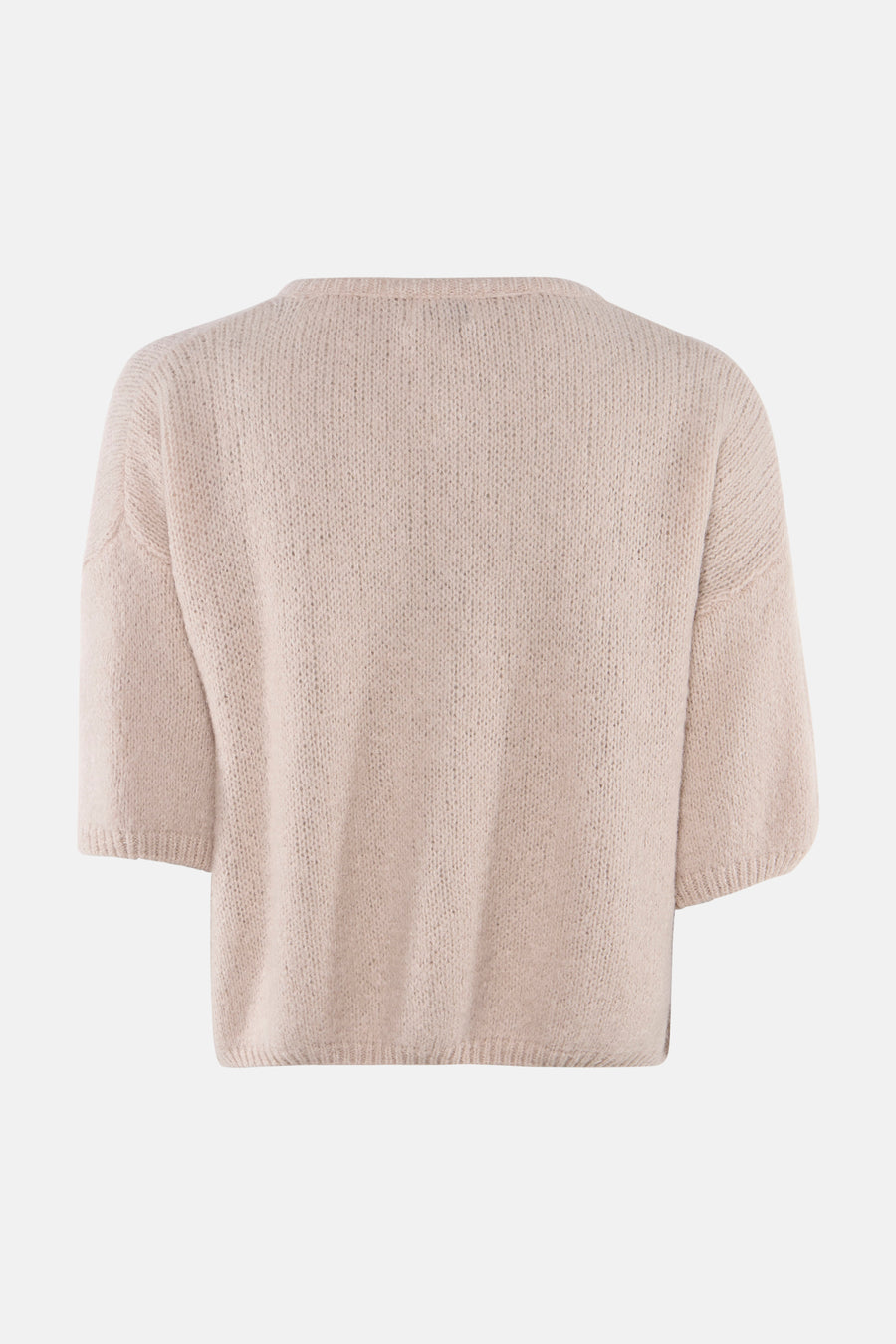 Beige knitted gilet with ribbed hem and three-quarter sleeves, back view, textured knit fabric