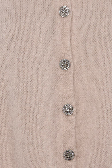 Beige knitted gilet with sparkling rhinestone buttons, close-up front view