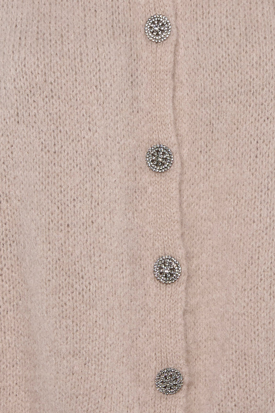 Beige knitted gilet with sparkling rhinestone buttons, close-up front view
