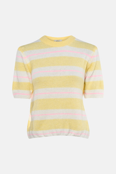 Multikleurige trui met korte mouwen van Terra di Siena, gele, witte en roze horizontale strepen.