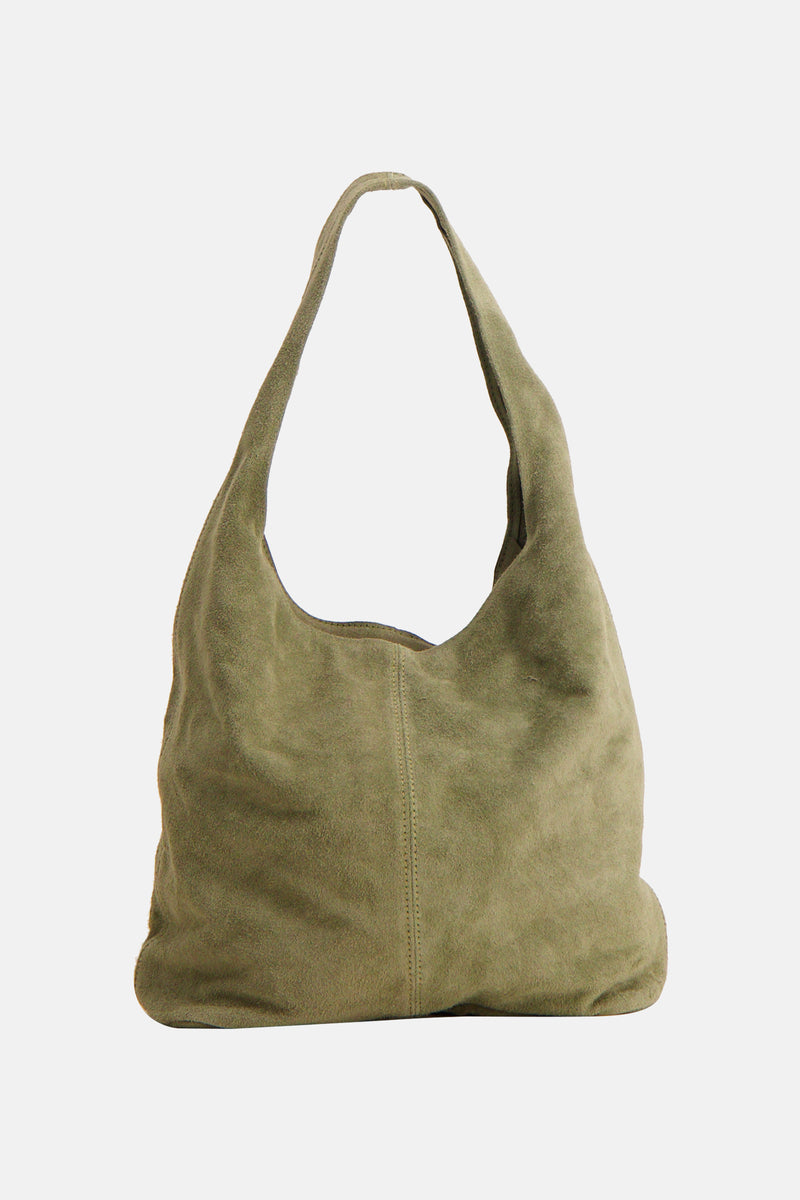 Olive green suede shoulder bag with soft texture and slouchy design, front view