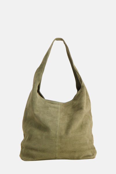 Olive green suede shoulder bag with slouchy design and single strap, front view