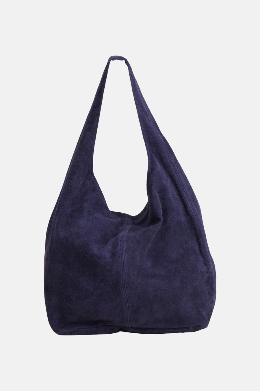 Navy blue suede shoulder bag with slouchy design and long strap, front view