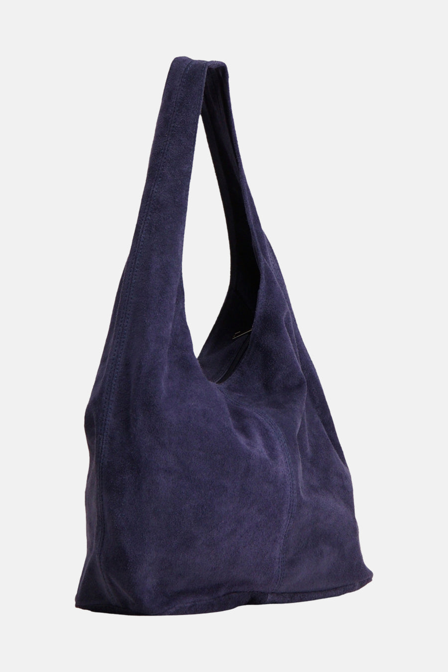 Navy blue suede shoulder bag with slouchy design and long strap, front view