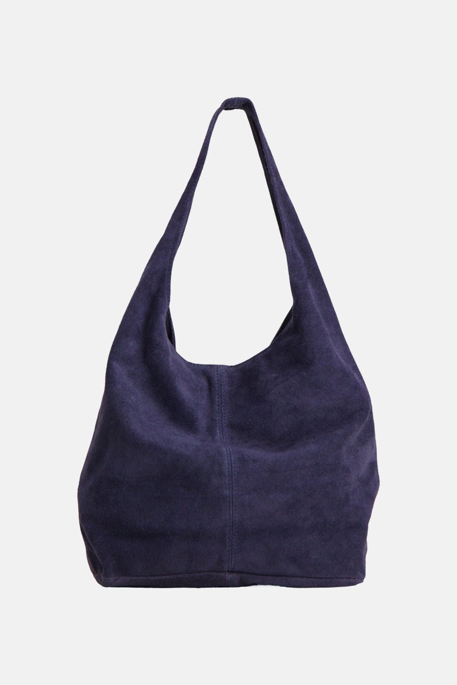 Navy blue suede shoulder bag with soft texture and slouchy design, front view