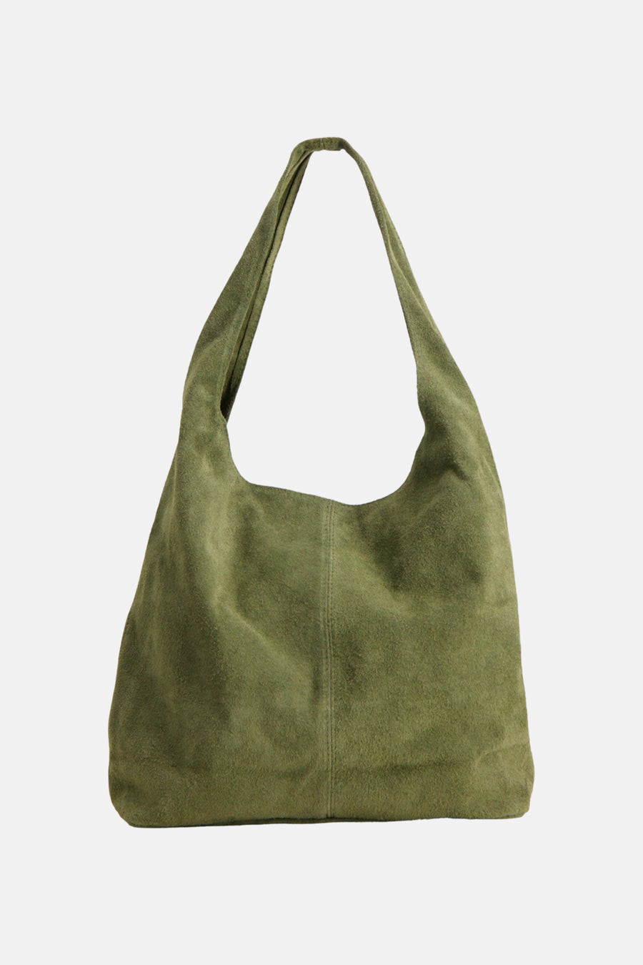 Kaki suede shoulder bag with soft texture and slouchy design, front view