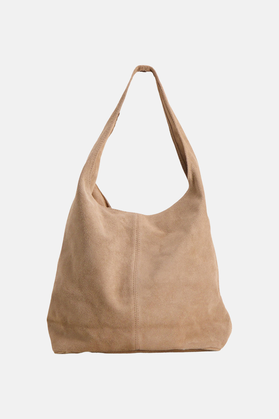 Taupe suede shoulder bag with soft slouchy design and single long strap, front view