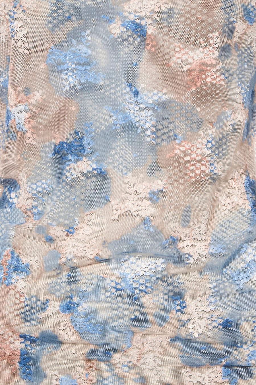 Blauw T-shirt met lange mouwen van Terra di Siena, met roze en wit bloemenpatroon van kant.