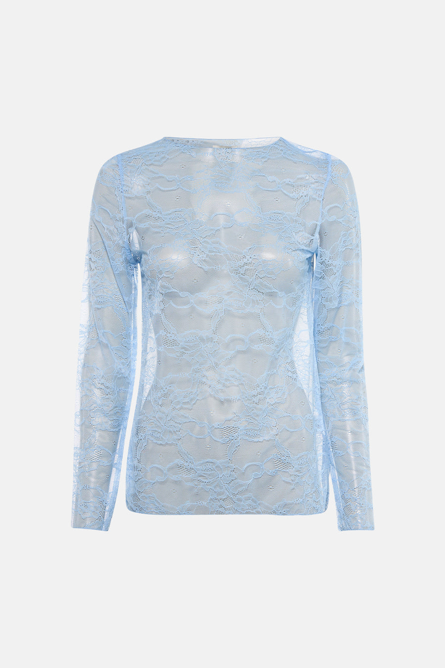 Blauw T-shirt met lange mouwen van Terra di Siena, in doorschijnend bloemenkant, gedragen tegen een neutrale achtergrond.